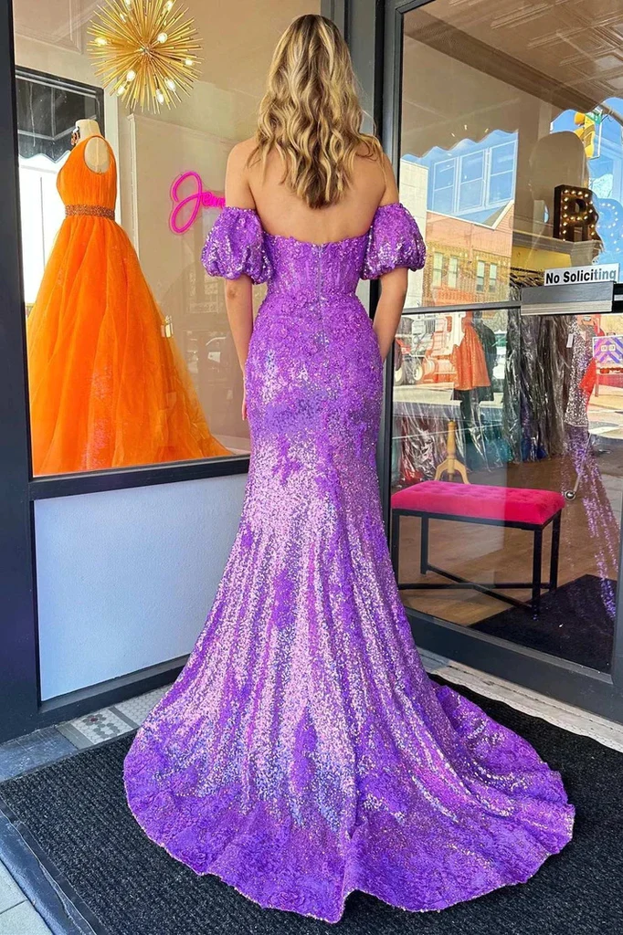 Purple Sequined Strapless Mermaid Long Prom Dress with Slit,DP1428