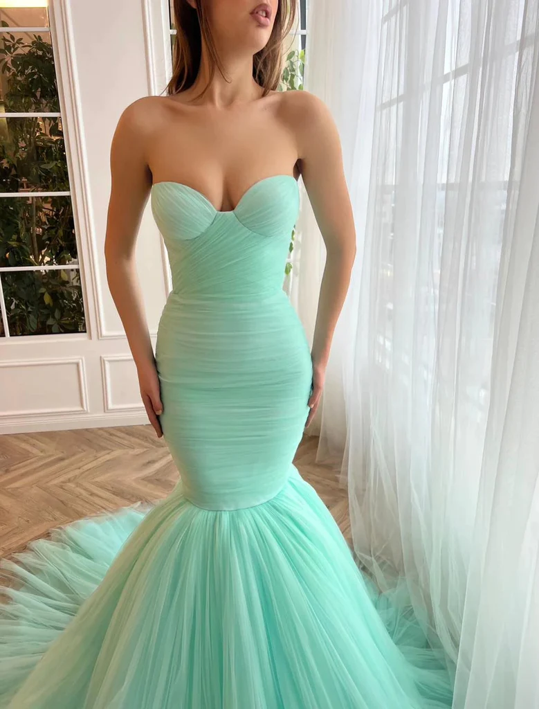 Mint Green Sweatheart Tulle Mermaid Long Evening Prom Dress,DP1429