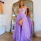 Lilac Sweetheart A-Line Tulle Lace Long prom Dress with Slit,DP1430