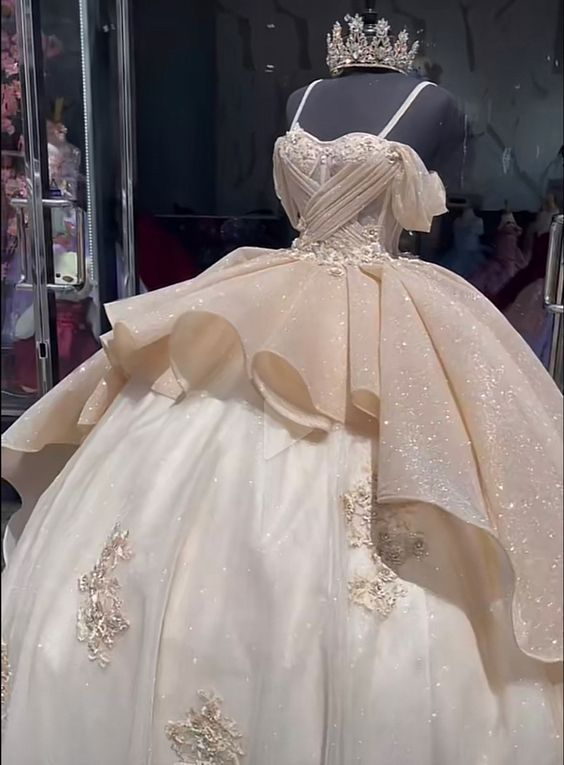 Champagne A-Line Off Shoulder Quinceanera Dress Sweet 16 Ball Gown,DP1431