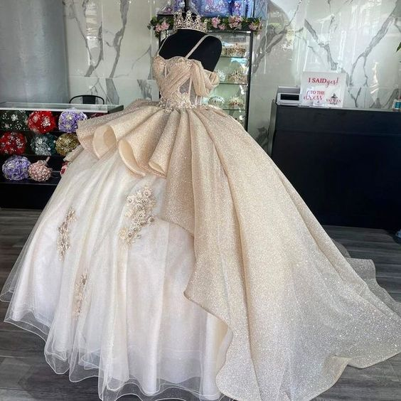 Champagne A-Line Off Shoulder Quinceanera Dress Sweet 16 Ball Gown,DP1431