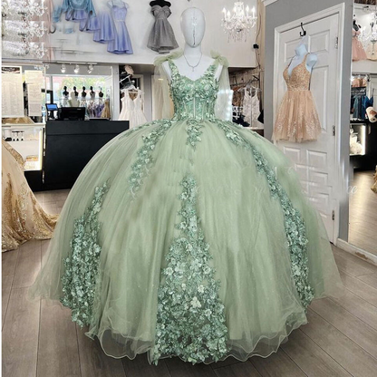 Sage Green A-Line Tulle Appliques Quinceanera Dress Sweet 16 Ball Gown,DP1432