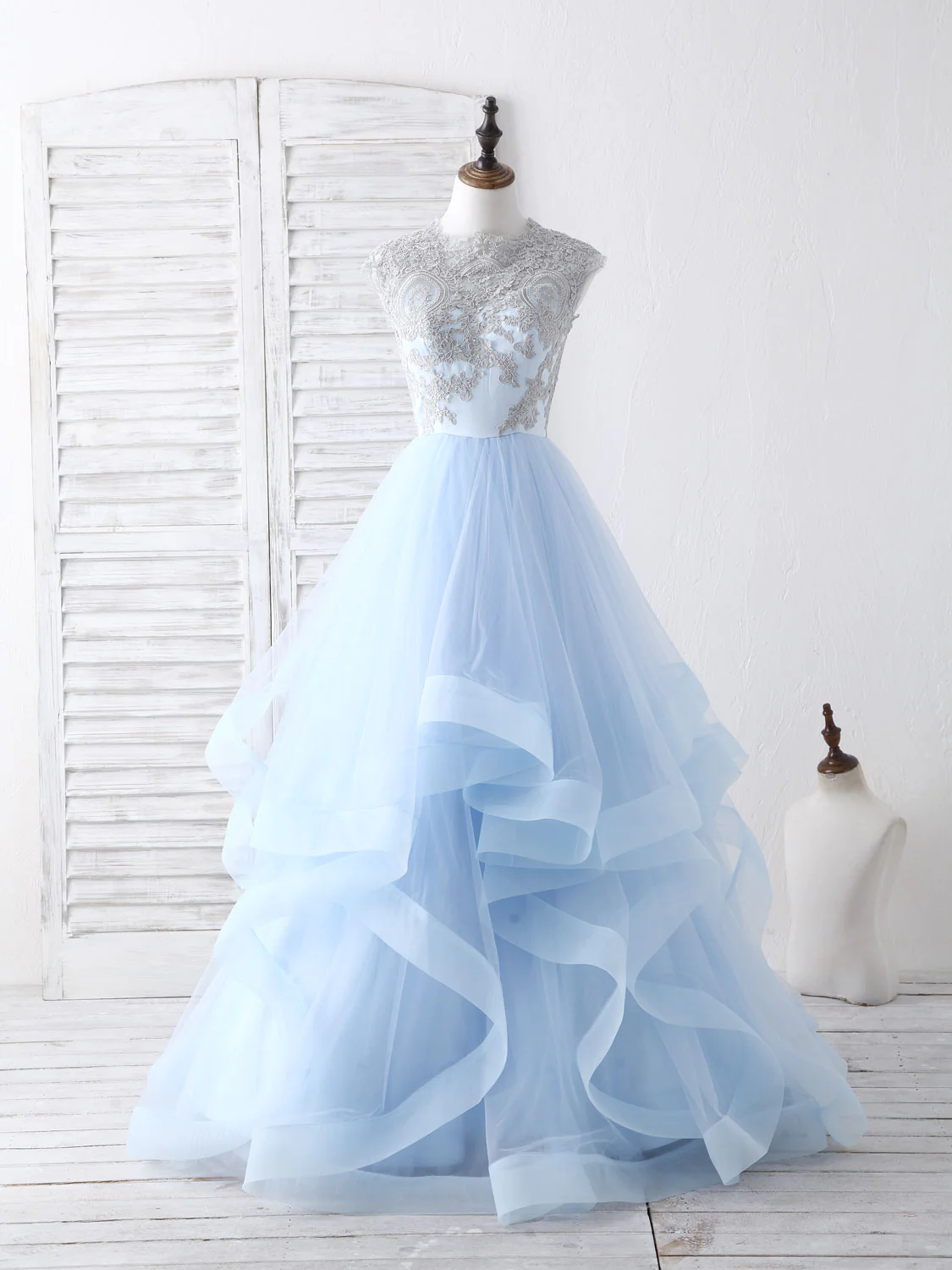 Light Blue A-Line Sleeveless Tulle Appliques Long Prom Dress Formal Party Dress,DP1437