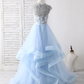 Light Blue A-Line Sleeveless Tulle Appliques Long Prom Dress Formal Party Dress,DP1437