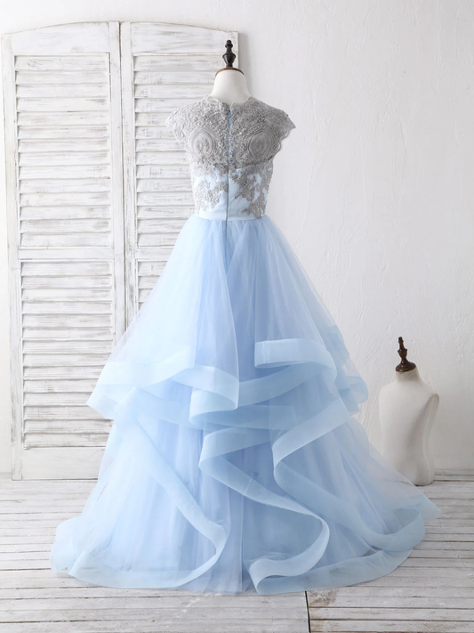 Light Blue A-Line Sleeveless Tulle Appliques Long Prom Dress Formal Party Dress,DP1437