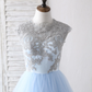 Light Blue A-Line Sleeveless Tulle Appliques Long Prom Dress Formal Party Dress,DP1437