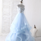 Light Blue A-Line Sleeveless Tulle Appliques Long Prom Dress Formal Party Dress,DP1437