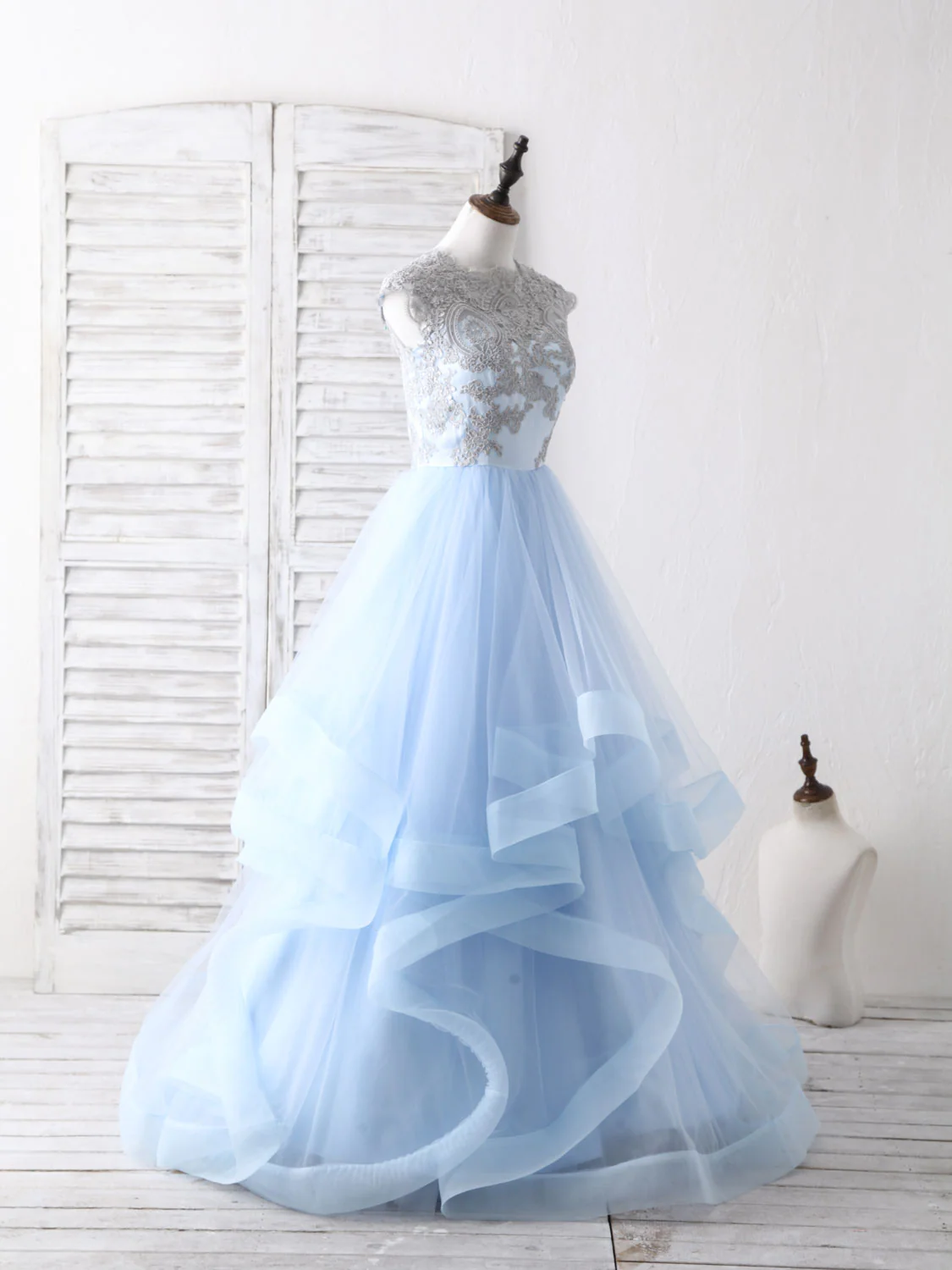 Light Blue A-Line Sleeveless Tulle Appliques Long Prom Dress Formal Party Dress,DP1437