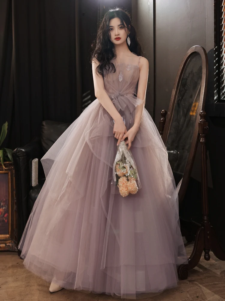 Dusty Pink A-Line Tulle Spaghetti Straps Long Prom Dress,DP1438