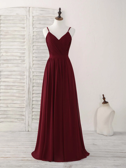 Burgundy V-Neck A-Line Formal Party Dress Bridesmaid Dress,DP1441