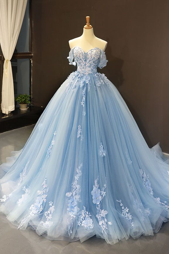 Blue A-Line Tulle Appliques Off-The-Shoulder Long Prom Dress Evening Gown,DP1443