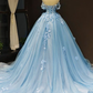 Blue A-Line Tulle Appliques Off-The-Shoulder Long Prom Dress Evening Gown,DP1443