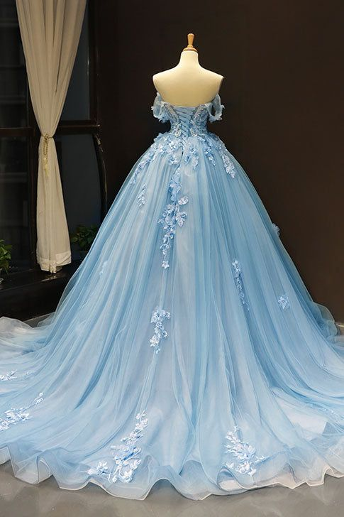 Blue A-Line Tulle Appliques Off-The-Shoulder Long Prom Dress Evening Gown,DP1443