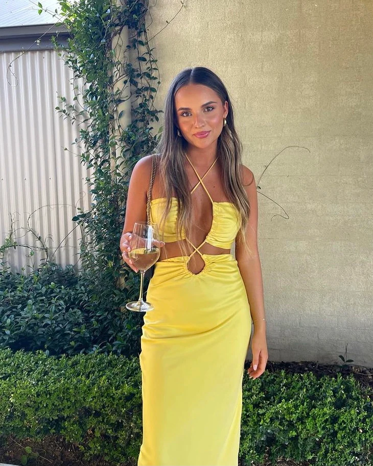 Yellow Halter Backless Slit Long Prom Dress Wedding Guest Dress,DP1446