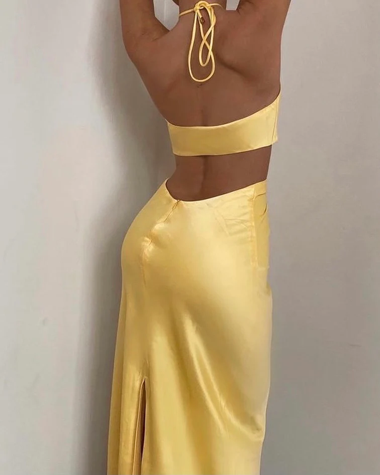 Yellow Halter Backless Slit Long Prom Dress Wedding Guest Dress,DP1446