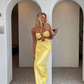 Yellow Halter Backless Slit Long Prom Dress Wedding Guest Dress,DP1446