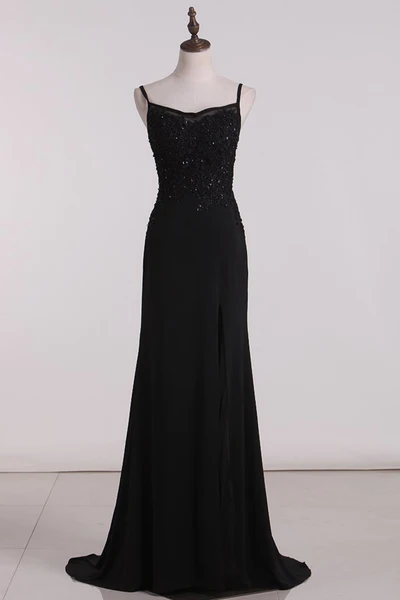 Black Beading Appliques Long Prom Dress Formal Party Dress with Slit,DP1449