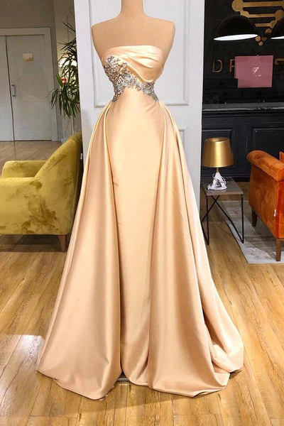 Champagne Strapless Satin Beading Long Prom Dress Formal Party Dress,DP1453