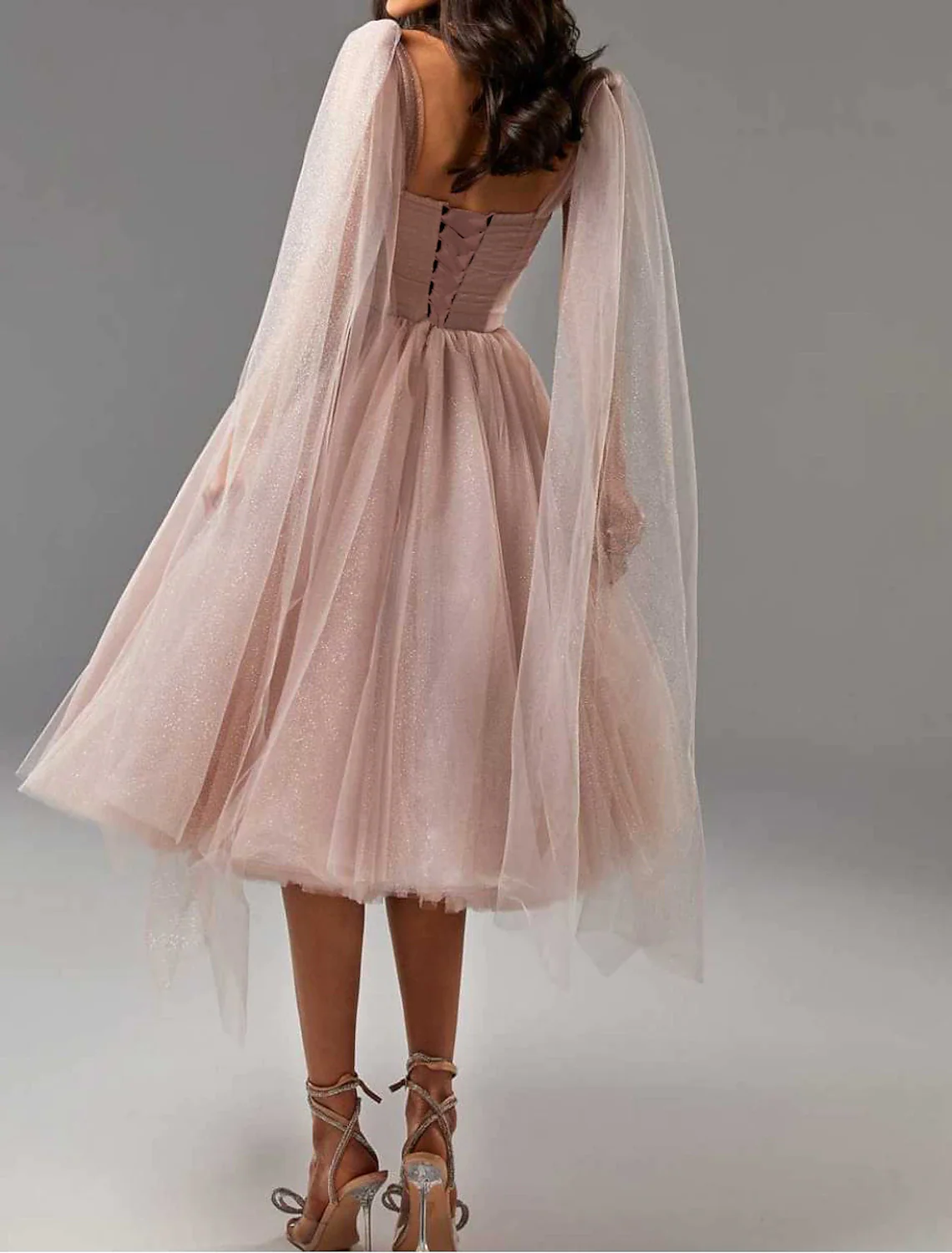 Light Pink A-Line Tulle Tea Length Party Dress Homecoming Dress,DP1458