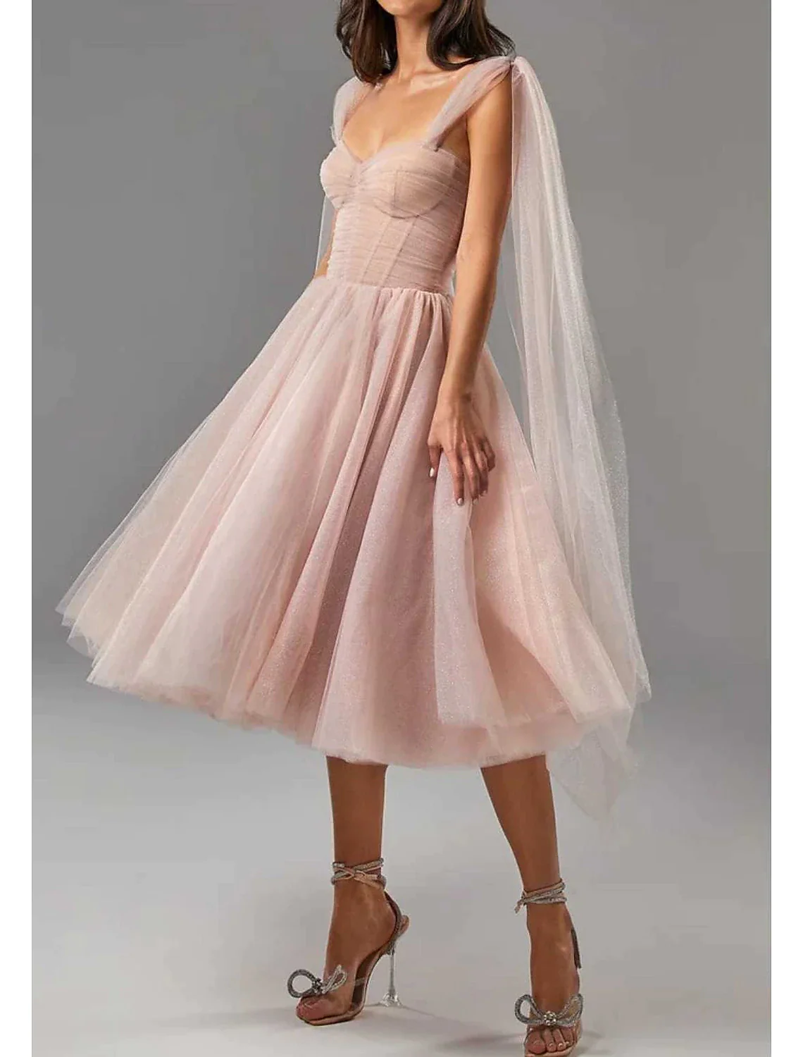 Light Pink A-Line Tulle Tea Length Party Dress Homecoming Dress,DP1458