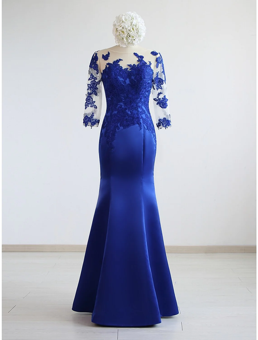 Royal Blue Appliques Half Sleeves Mermaid Formal Party Dress,DP1459