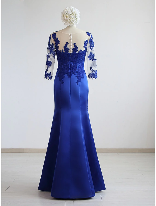 Royal Blue Appliques Half Sleeves Mermaid Formal Party Dress,DP1459