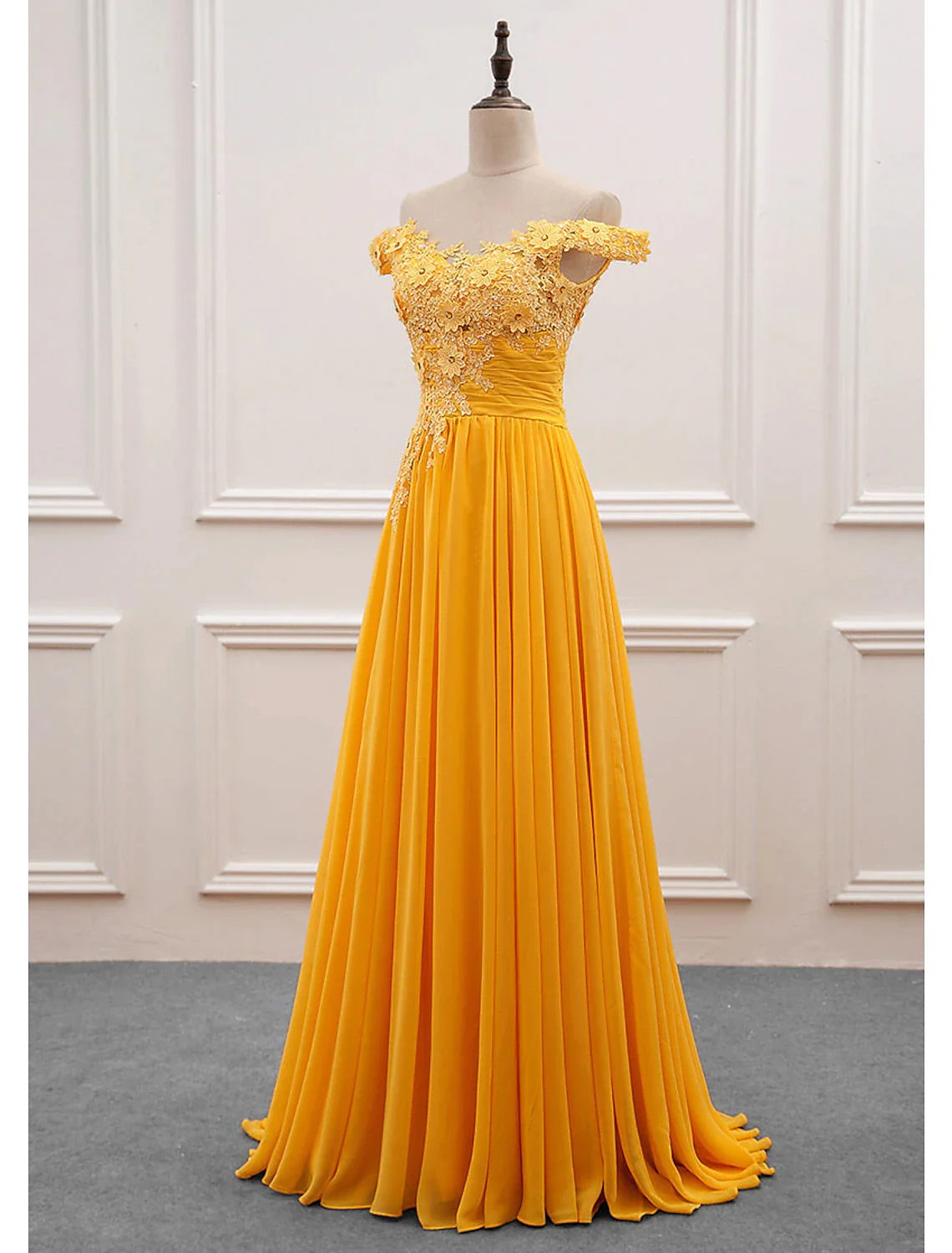 Yellow Off Shoulder A-Line Appliques Long Prom Dress Formal Party Dress,DP1461