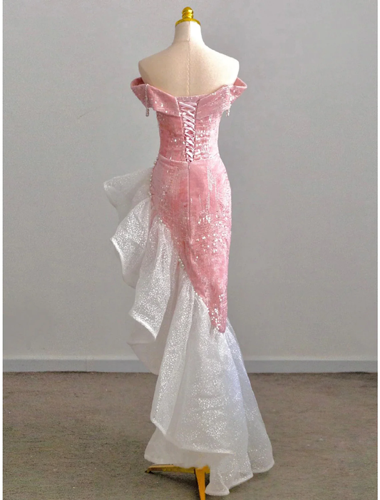 Shiny Pink Off Shoulder Mermaid Chaming Long Prom Dress, DP1462