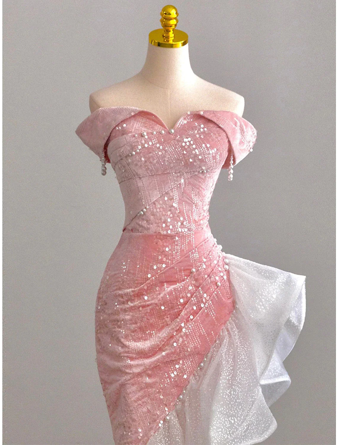 Shiny Pink Off Shoulder Mermaid Chaming Long Prom Dress, DP1462