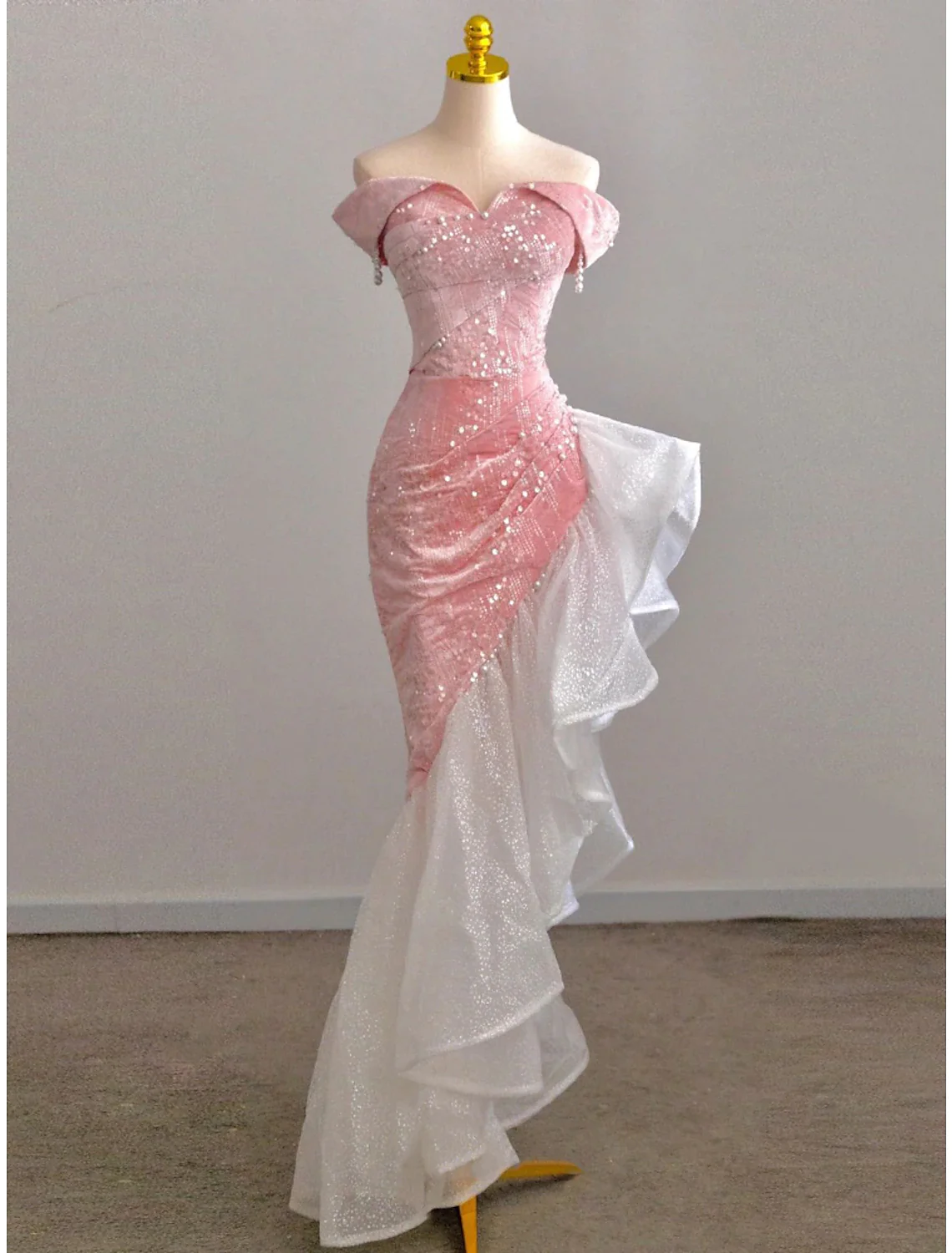 Shiny Pink Off Shoulder Mermaid Chaming Long Prom Dress, DP1462