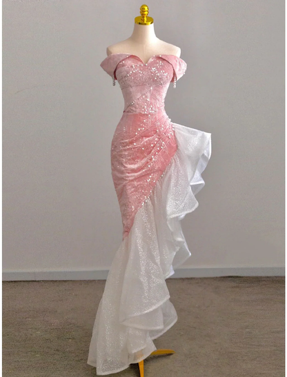 Shiny Pink Off Shoulder Mermaid Chaming Long Prom Dress, DP1462