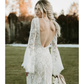 White V Neck Backless Long Sleeves Mermaid Lace Wedding Dress,DP1464