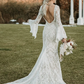 White V Neck Backless Long Sleeves Mermaid Lace Wedding Dress,DP1464