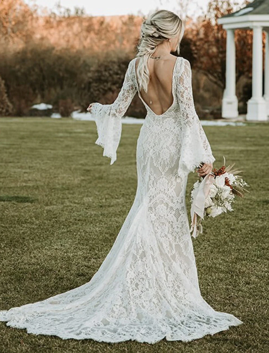 White V Neck Backless Long Sleeves Mermaid Lace Wedding Dress,DP1464