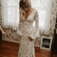 White V Neck Backless Long Sleeves Mermaid Lace Wedding Dress,DP1464