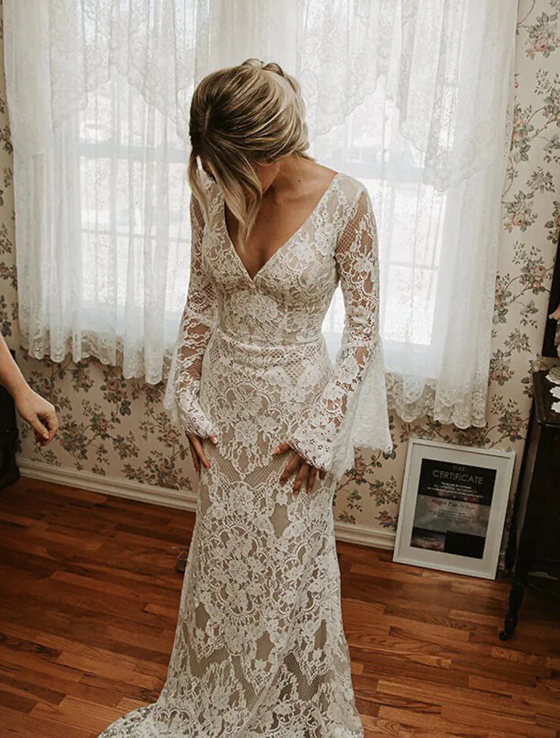 White V Neck Backless Long Sleeves Mermaid Lace Wedding Dress,DP1464