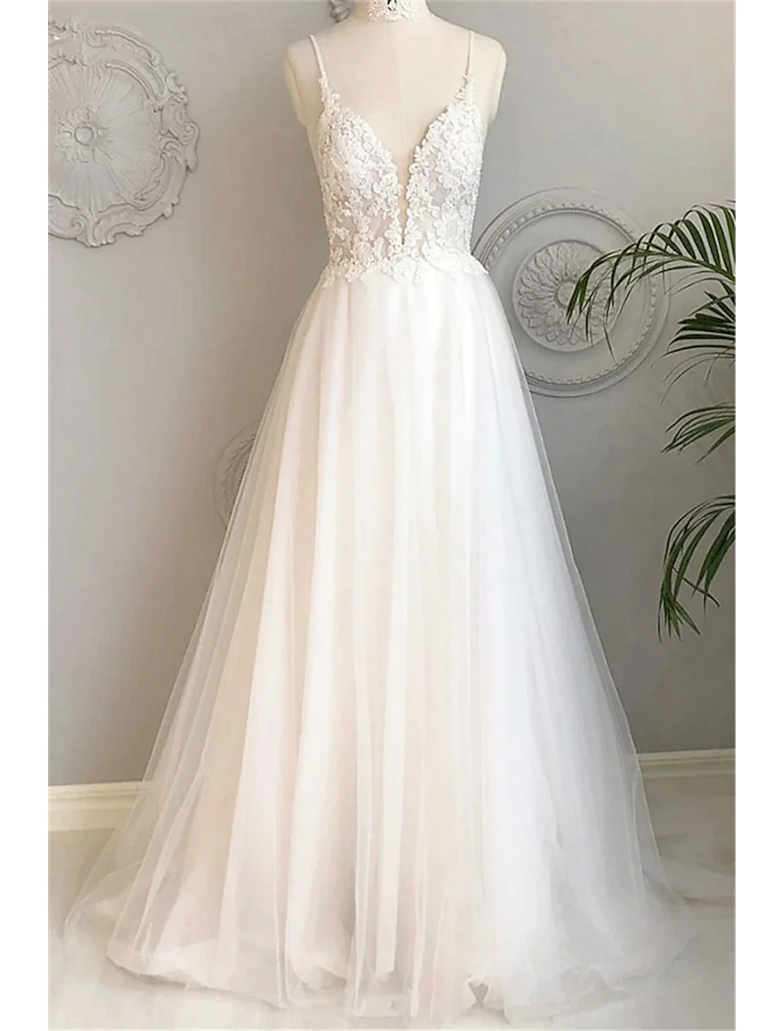 White A-Line Deep V Neck Backless Long Prom Dress Wedding Dress,DP1465