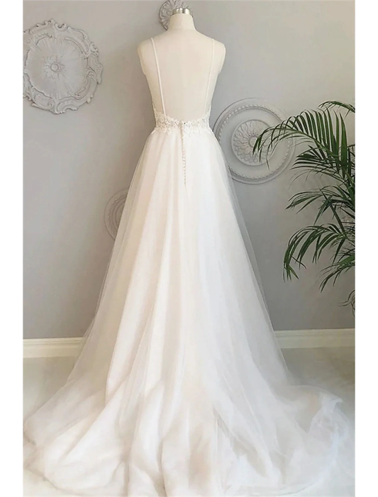 White A-Line Deep V Neck Backless Long Prom Dress Wedding Dress,DP1465