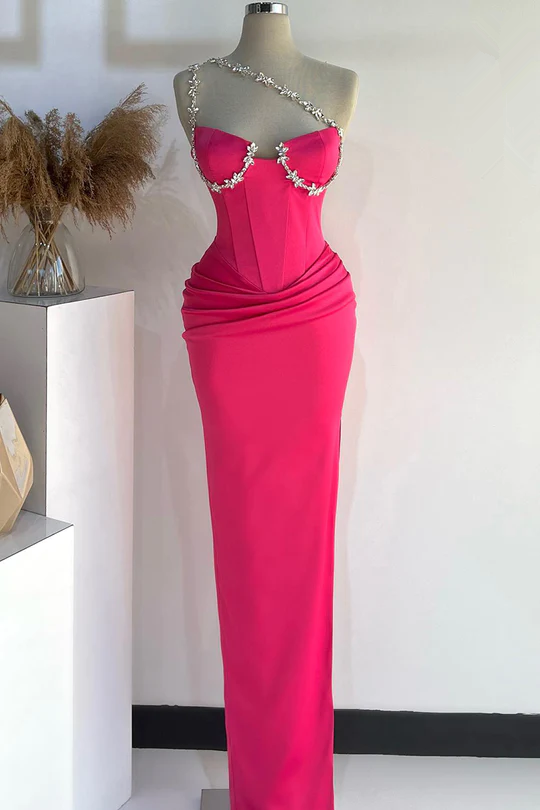 Hot Pink One Shoulder Beading Mermaid Long Prom Dress,DP1466