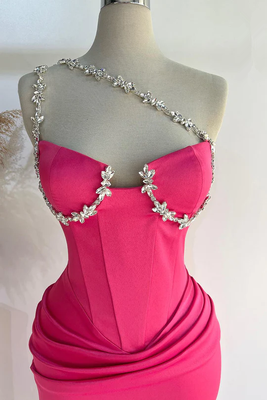 Hot Pink One Shoulder Beading Mermaid Long Prom Dress,DP1466