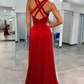 Red Deep V Neck A-Line Velvet Long Prom Dress with Slit,DP1467