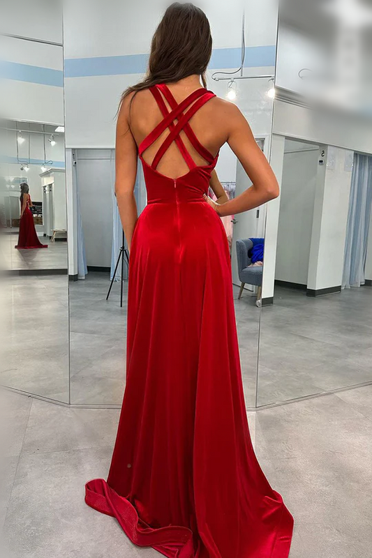 Red Deep V Neck A-Line Velvet Long Prom Dress with Slit,DP1467