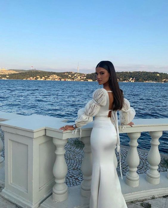 White Square Neck Long Sleeves Backless Mermaid Long Prom Dress,DP1476