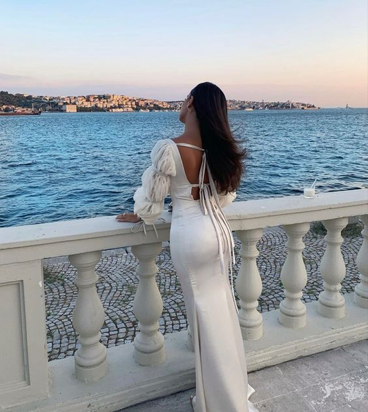 White Square Neck Long Sleeves Backless Mermaid Long Prom Dress,DP1476