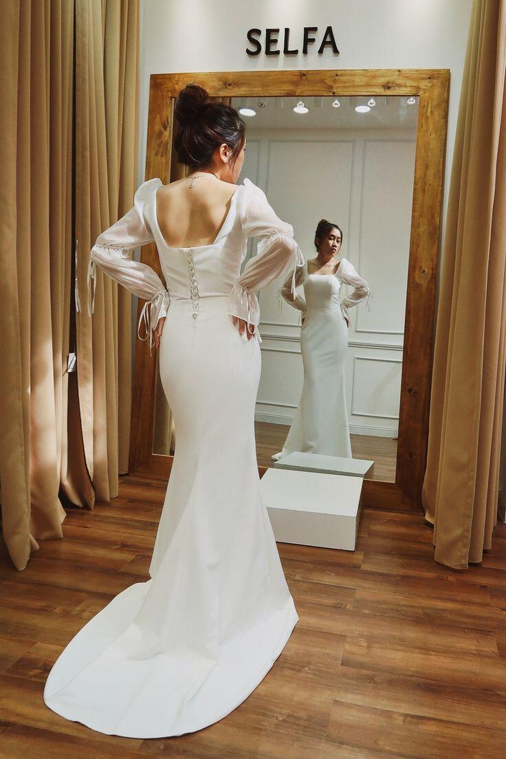 White Square Neck Long Sleeves Mermaid Long Prom Dress Light Wedding Dress,DP1477