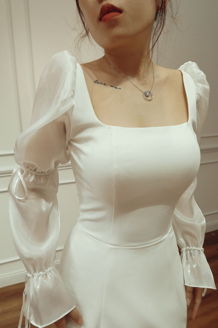 White Square Neck Long Sleeves Mermaid Long Prom Dress Light Wedding Dress,DP1477