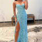 Blue Spaghetti Straps Sequined Mermaid Long Prom Dress with Slit,DP1478