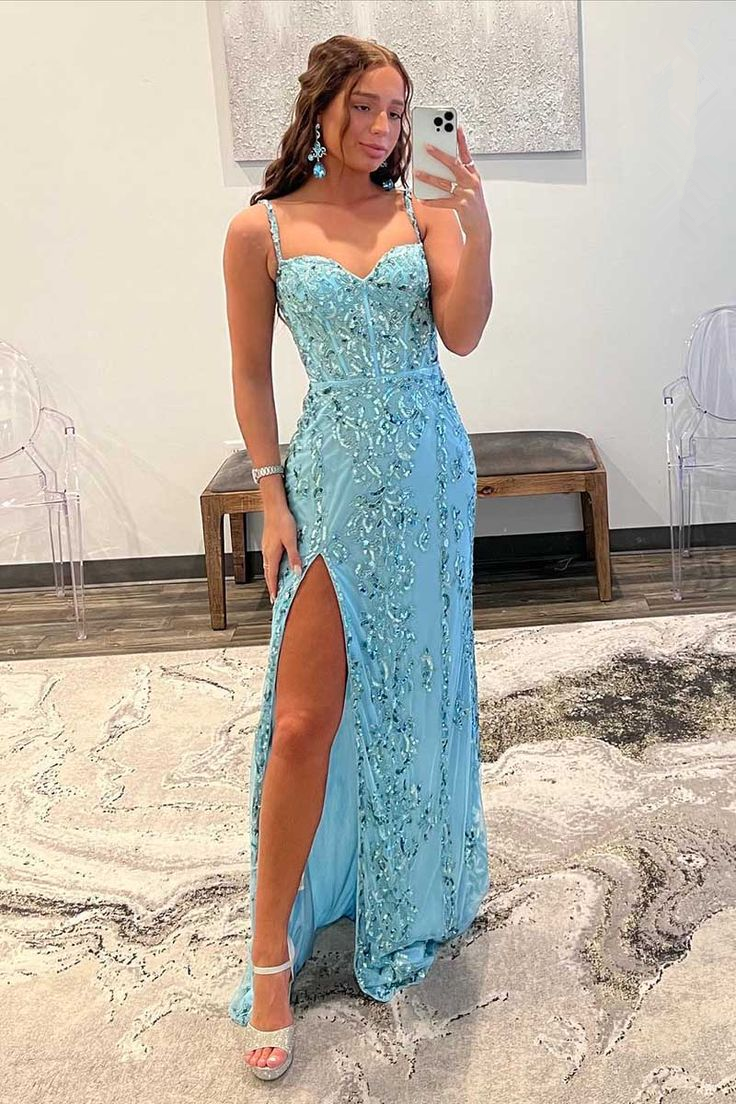 Blue Spaghetti Straps Sequined Mermaid Long Prom Dress with Slit,DP1478