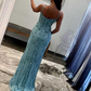 Blue Spaghetti Straps Sequined Mermaid Long Prom Dress with Slit,DP1478