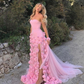 Pink Strapless 3D Flower Tulle Mermaid Long Prom Dress with Slit,DP1479